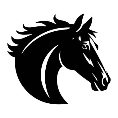 Beyaz arka planda bir atın başı ve boynundaki siyah siluet tasvir edilir. Tarzlı görüntü yeleyi ve atın yüzünün hatlarını tanımlayan akış çizgilerini gösteriyor. Göz açıkça görülebilir, beyaz bir şalter gibi.