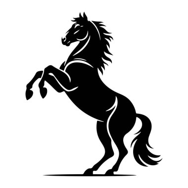 Bir atın stilize edilmiş siyah silueti arka ayaklarının üzerinde yükselen tasvir edilir. Atın yelesi ve kuyruğu dalgalı ve ön bacakları güçlü ve dinamik bir pozla kalkıyor. Görüntü, beyaz arkaplana karşı temiz ve grafik bir illüstrasyondur.