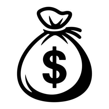 Siyah bir grafik simgesi, üzerinde asma iplik olan bir para çantasını tasvir ediyor. Önemli bir dolar işareti çantanın önünde ortalanır. Görüntü, beyaz bir arkaplan karşısında basit, stilize bir gösterimdir..