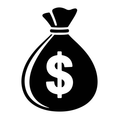 Önünde belirgin bir şekilde beyaz dolar işareti olan bir para çantasının simgesi. Poşet kapalı bir kapakla tasvir edilmiş, bu da dolu olduğunu gösteriyor. Tasarım temiz ve grafiktir, kalın çizgiler ve siyah çanta arasında katı bir kontrasttır.