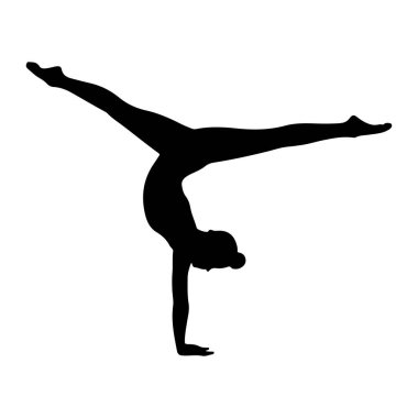 Bir jimnastikçinin siyah silueti, dinamik bir amuda kalkarak beyaz arka planda görüntülenir. Jimnastikçinin bedeni kemerli, bir bacağı yukarı doğru uzanıyor ve diğeri hafifçe eğiliyor, atletizm ve dengenin çarpıcı bir görüntüsünü oluşturuyor.. 