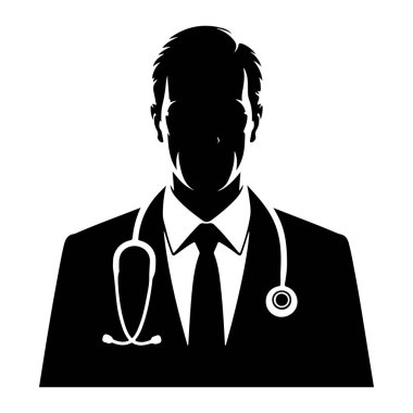 Boynuna steteskop sarılı takım elbise ve kravat takan siyah bir doktorun silueti. Silüet beyaz bir arka planda, saç, yüz, yaka ve tıbbi aletleri tanımlayan şekillendirilmiş çizgilerle titizdir..