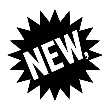 Keskin noktaları olan siyah bir yıldız patlaması şekli, kalın, sans-serif harflerle 