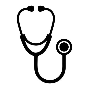 Bir steteskop siyah silueti beyaz arka planda tasvir edilir. Stetoskop, diyafram göğsüne bağlanan esnek bir tüple birbirine bağlı iki kulaklık içeriyor. Genel tasarım, tıbbi aracın temiz ve grafik bir temsilidir..