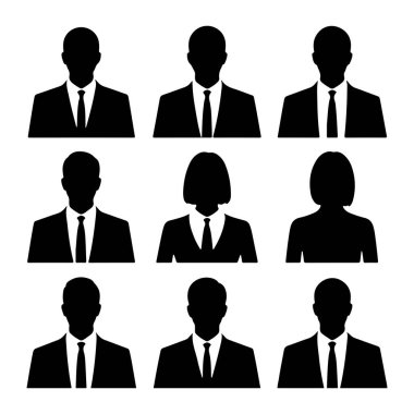 Bu resim dokuz siyah siluetten oluşan bir ızgarayı gösteriyor. İnsanları profesyonel kıyafetlerle temsil ediyor. Rakamlar omuzlarından yukarısı, çoğu takım elbiseli ve kravatlı kadınlar ve bazıları da tasmalı ve kravatlı kadınlar şeklinde tasvir ediliyor. Siluetler...