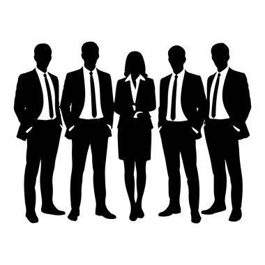 Beyaz bir arkaplanda siyah siluet olarak tasvir edilen beş profesyonel iş adamı. Dört erkek ve bir kadın birlikte duruyorlar. Erkekler kravatlı takım elbise giyiyor, kadın da ceket ve etek giyiyor. En çok kolları...