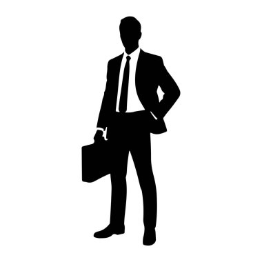 Takım elbiseli ve kravatlı bir adamın siyah silueti bir eli cebinde, diğer elinde evrak çantası ile güvenle duruyor. Şekil beyaz bir arkaplanda izole edilmiştir..