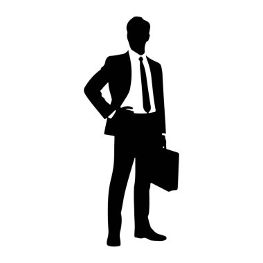 Takım elbiseli ve kravatlı bir adamın siyah silueti bir elinde kalçasında ve diğer elinde bir evrak çantasıyla duruyor. Şekil, düz beyaz bir arkaplana karşı tasvir edilir.