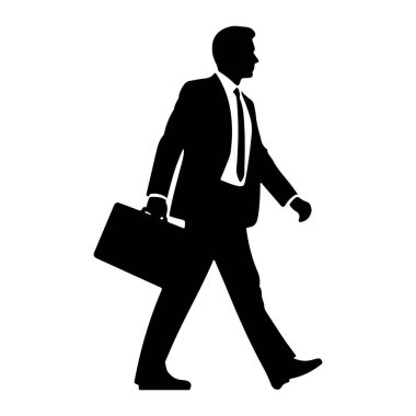 Takım elbiseli ve kravatlı bir adamın siyah silueti soldan sağa yürürken resmedilir. O, sol elinde bir evrak çantası taşıyor. Arka plan düz beyaz. Görüntü, şekil ve hareketi vurgulayan, temiz çizgileri olan grafik bir resimdir. 