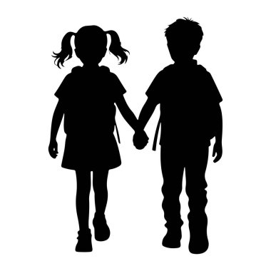 Yanyana yürüyen ve el ele tutuşan genç bir kız ve oğlanın siyah silueti. Kızın örgülü saçları var ve bir elbise ve sırt çantası giyiyor. Çocuk pantolon ve sırt çantası giyiyor. İkisi de ileriye bakıyor ve birlikte yürüyor gibi görünüyorlar..