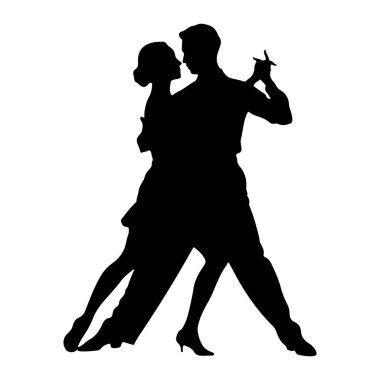 Tango yapan siyah bir çift silueti. Adam takım elbise giyiyor ve kadın da elbise giyiyor. Birbirlerine yakın bir kucaklama içindeler, vücutları birbirlerine dönük. Kadının elbisesi altta parlıyor ve saçı şekilleniyor.
