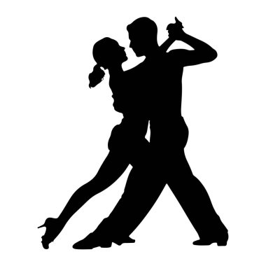 Beyaz bir arkaplana karşı dinamik bir şekilde dans eden bir çiftin siyah silueti. Adam sağda, sol bacağı önde ve sağ bacağı bükülmüş. O, kadının elini ve belini tutuyor. Kadın solda, onunla birlikte. 