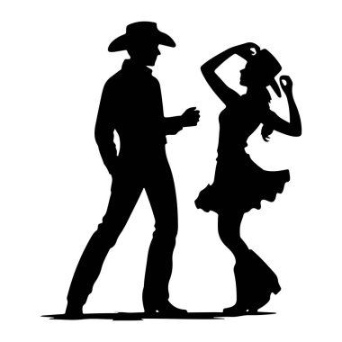 Siyah bir kovboy silueti ve kovboy kız birlikte dans ediyor. Kovboy kovboy şapkası ve kot pantolon giyer, bir eli cebinde, diğeri de uzatılmış. Kovboy kız bir kovboy şapkası takıyor ve kolları havada kısa, parlak bir elbise giyiyor. Çok güzeller.