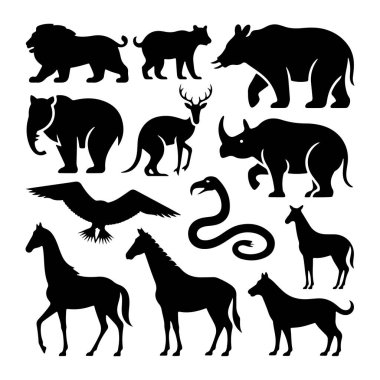 Beyaz arka planda çeşitli hayvanlardan oluşan siyah siluet koleksiyonu. Tasvir edilen hayvanlar arasında bir aslan, bir ayı, bir fil, bir kanguru, bir gergedan, bir geyik, bir kartal, bir yılan, iki at ve bir zürafa yer alıyor. Siluetler...