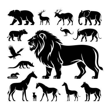Beyaz arka planda çeşitli hayvanlardan oluşan siyah siluet koleksiyonu. Hayvanlar arasında bir aslan, bir ayı, iki fil, iki geyik, bir yırtıcı kuş, bir gergedan, bir yılan ve bir tay da dahil olmak üzere birkaç at bulunur. Siluetler cl ile biçimlendirilmiş.