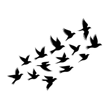 Grafiksel bir çizim, beyaz bir arka plana doğru uçan, siluet halinde bir kuş sürüsünü tasvir ediyor. Kuşlar, kanatları açık ve kuyrukları açık bir şekilde koyu siyah renge bürünür. Bu da hareket ve uçuşu işaret eder. Kompozisyon gösteriyor ki