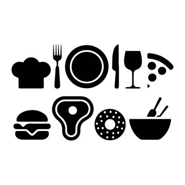 Çeşitli yiyecek ve içecek öğelerini ve yemek öğelerini temsil eden siyah siluet simgelerinden oluşan bir koleksiyon. Görünür şeyler arasında bir şef şapkası, bir çatal ve bıçak seti, bir tabak şarap bardağı, bir dilim pizza, bir hamburger, bir biftek, bir çörek ve bir kase zeka yer alıyor.