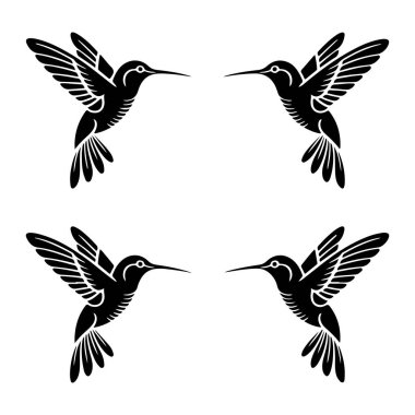 Grafik çiziminde, düz beyaz bir arkaplana karşı kare şeklinde dizilmiş dört uçan sinekkuşu silueti yer alır. Her sinekkuşu kanatları genişçe açılarak ayrıntılı tüy desenleri göstererek tasvir edilir. Onların...