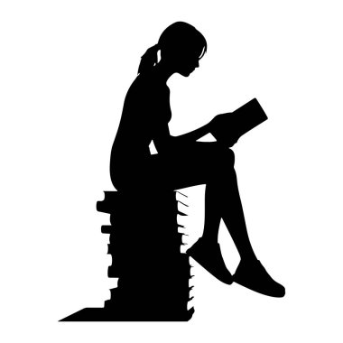 Saçları at kuyruklu genç bir kızın siyah silueti uzun bir kitap yığınının üzerinde oturuyor. O öne eğiliyor ve elinde açık bir kitap tutuyor, okumaya dalmış gibi görünüyor. Siluet beyaz bir arkaplanda yalın