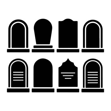 Mezar taşları ve mezar taşlarından oluşan sekiz siyah siluet ikonu koleksiyonu. Mezar taşları dört sıra halinde iki sıra halinde dizilmiş. Bazıları yuvarlak, sivri uçlu ya da düz uçlu olmak üzere şekil olarak değişkenlik gösterir. Bazı mezar taşlarının yatay çizgileri var.