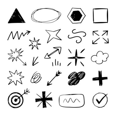 Beyaz arkaplanda el çizimi siyah ve beyaz grafik elementler ve semboller koleksiyonu. Koleksiyonda üçgen, oval, altıgen ve kare gibi çeşitli şekiller yer alır. Ayrıca farklı türde oklar, yıldız patlamaları, bir bulut, bir hedef vardır. 