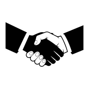 Bir siyah-beyaz grafik çizimi bir tokalaşmada birbirine kenetlenmiş iki eli tasvir eder. Eller şekillendirilmiş, sadeleştirilmiş, net hatları ve koyu siyah dolgusu olan şekillendirilir. Parmaklar ve başparmaklar görünür durumda, bu da sıkı sıkıya tutunduğunu gösterir. Arka taraf.