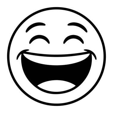 Gülen bir emojinin basit bir siyah beyaz çizimi. Emojinin, kıvrımlı çizgilerle gösterilen kapalı gözlü dairesel bir taslağı var. Ağzı geniş bir gülüşle ardına kadar açık, karanlık bir iç mekanı ortaya çıkarıyor. Genel ifade aşırı derecede mutlu bir şekilde iletilir.