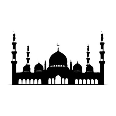 Büyük İslam camiinin siyah bir silueti beyaz bir arkaplanda resmedilir. Camide, daha küçük kubbelerle çevrili hilal şeklinde bir ay bulunan merkezi büyük bir kubbe yer alıyor. Merkezi yapının her iki tarafında da uzun, ince minareler bulunur.
