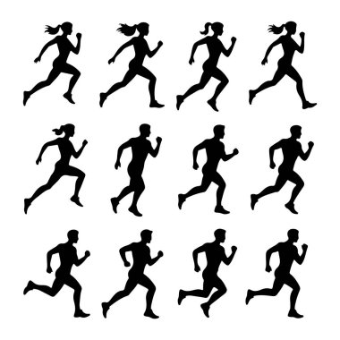 On iki siyah siluetten oluşan bir ızgara, koşmanın çeşitli aşamalarında erkek ve kadınları resmediyor. Rakamlar yandan gösteriliyor, kollar ve bacaklar orta basamakta uzanıyor ve hareket ve hız hissi aktarılıyor. Siluetler tek tip siyah agains.