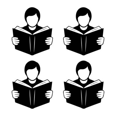 Birbirinin aynı dört siyah beyaz simge açık bir kitap okuyan bir insanı resmediyor. Her bir simge, kafa ve gövde için beyaz, saç ve giysi için siyah, bir kişinin üst gövdesini gösterir. Kişi açık siyah bir kitap tutuyor. 