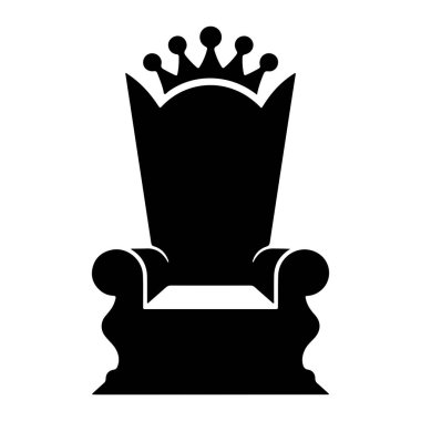 Sırtında bir taç olan kraliyet tahtının siyah silueti. Tahtta süslemeler ve geniş bir koltuk var, hepsi de beyaz bir arka plana karşı basit ve ikonik bir stile sahip..