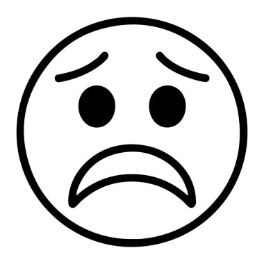 Üzgün bir yüz ifadesinin basit bir siyah beyaz çizimi. Emoji, gözler için iki siyah nokta ve kıvrımlı ve altüst olmuş bir ağızla bir daire şeklinde tasvir edilir. Kaşları da aşağıya doğru kıvrılmış, mutsuzluk ya da üzüntü hissi veriyor. Şey...