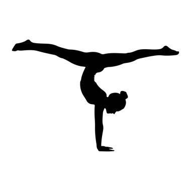 Bir jimnastikçinin siyah silueti dinamik bir pozda yakalanır. Jimnastikçi vücudunu ters çevirerek amuda kalkıyor ve tek eliyle destekliyor. Bacakları geniş bir yarıkta dışa doğru uzanıyor, simetrik ve dengeli bir şekilde yaratılıyor. 