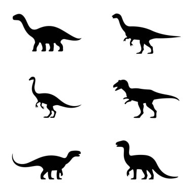 Bu resim, temiz beyaz arka planda çeşitli dinozorların altı farklı siyah siluetini gösteriyor. Dinozorlar farklı pozlarda tasvir edilir, benzersiz şekillerini ve biçimlerini sergilerler. Siluetler keskin ve net, i harfini vurguluyor.