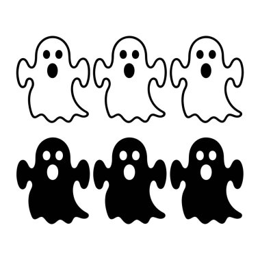 Grafik illüstrasyonunda üç satırlık iki satırda sıralanmış altı farklı hayalet yer alıyor. En üstteki sıra siyah çizgileri ve basit yüz hatları olan üç beyaz hayaletten oluşuyor: gözler için iki siyah nokta ve ağız için bir siyah çember, onlara sürpriz oluyor.