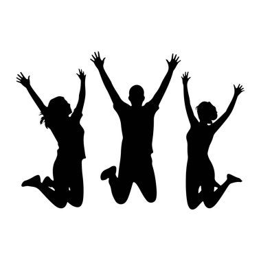 Beyaz bir arka plana karşı kollarını havaya kaldırarak zıplayan üç kişinin siyah silueti. Ortadaki kişi bir erkek ve her iki taraftaki iki kişi de kadın. Hepsi havada yakalanır, bir neşe taşırlar. 