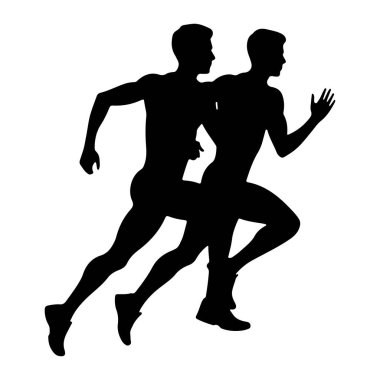 İki erkek sporcunun siyah silueti ileri doğru koşuyor. Şekiller yan profilden tasvir ediliyor, vücutları açılı ve kolları hareket halinde. Öndeki sporcunun sağ kolu önde ve sol kolu arkada. T