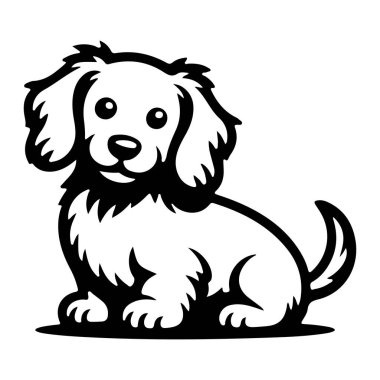 Şirin, pofuduk bir köpeğin siyah beyaz bir çizimi. Oturup izleyiciye doğru bakıyor. Köpeğin büyük, yuvarlak gözleri, gülümseyen bir ağzı ve sarkık kulakları var. Kuyruğu arkasına kıvrılmış. Görüntü basit, temiz bir siluet.