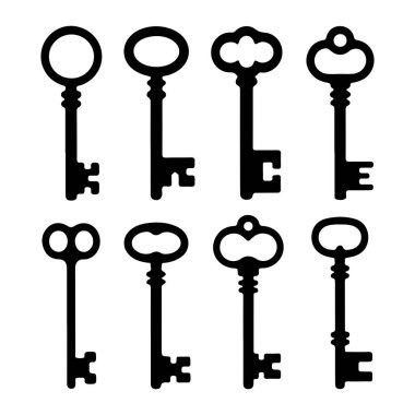 Beyaz arka plana karşı sekiz adet siyah siluet antika anahtar koleksiyonu. Anahtarlar farklı şekilli yay ve parçalarla çeşitli dekoratif ve basit tasarımlar gösteriyor. Koleksiyonda dairesel yay, yonca şekilli yay ve doub içeren anahtarlar yer almaktadır.