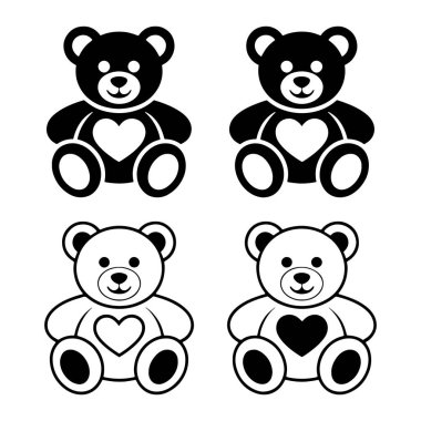 Grafiksel bir resimde, beyaz bir arkaplanda 2 'ye 2 bir ızgarada sıralanmış dört adet biçimlendirilmiş oyuncak ayı simgesi gösteriliyor. En üstteki satırda, her birinin göğsünde beyaz bir kalp olan iki saf siyah oyuncak ayı var. Alttaki satırda iki ayıcık var.