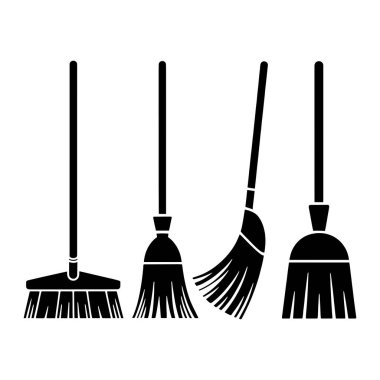 Bir grafik gösterimi beyaz arka plana karşı dört siyah temizlik aracı içerir. Soldan sağa, ilki geniş başlı ve düz saplı düz bir süpürge. İkincisi ise daha dar kafalı ve düz saplı yuvarlak bir süpürge. Şeyi...