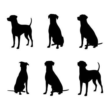 Bu resim beyaz arka planda altı adet siyah köpek siluetini gösterir. Üç köpek en üst sırada, ve üçü de en altta. Köpekler çeşitli pozlarda tasvir edilir, başları yana dönük olarak ayakta durmak da dahil, ve si