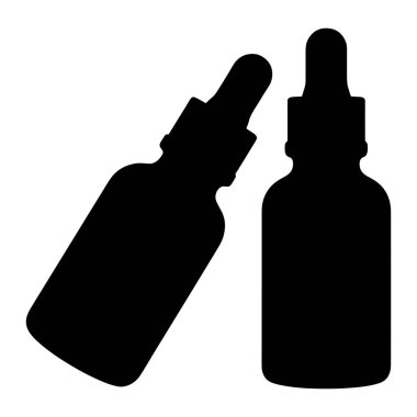 Beyaz arka planda iki siyah siluet damlası şişesi var. Bir şişe dik dururken, diğeri sola doğru eğik duruyor. Her iki şişenin de silindirik bir gövdesi ve yuvarlak bir kapağı var. Görüntü temiz ve minimal.