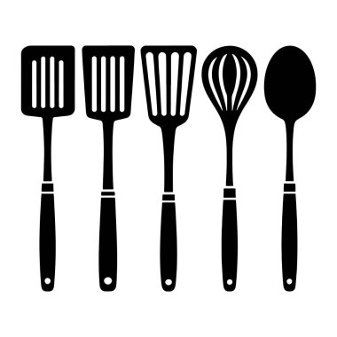 Beş siyah mutfak aletinden oluşan bir kolleksiyon düz beyaz arka plana karşı yatay bir çizgide sergilenir. Sağdan soldan, çatal bıçaklar arasında üç delik spatula, bir çırpı ve bir kaşık var. Her aletin basit bir grafik silueti var.