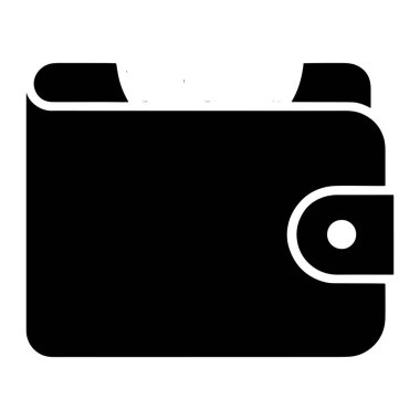 Siyah bir cüzdanın basit, grafik tasviri. Cüzdan beyaz bir arka planda siluet ile tasvir edilir. Yuvarlak bir kapakla kapatılmış ve dairesel bir çıtçıtla korunuyor. Cüzdanın üst kenarları hafif kıvrımlı, bu da çift katlı olduğunu gösteriyor.