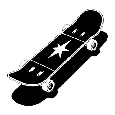 Güvertesinde beyaz yıldız grafiği olan siyah bir kaykay hafifçe yükseltilmiş bir yan açıyla gösterilir. Kaykayın siyah aksanlı dört beyaz tekerleği var. Beyaz arka planda belirgin bir siyah gölge var. Görüntü bir grafik çizimi.