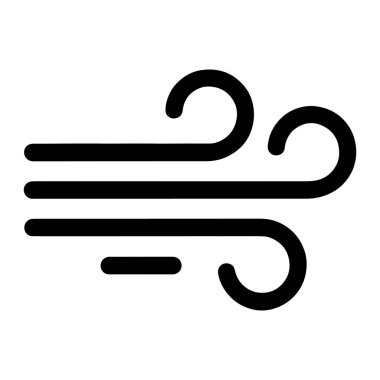 Rüzgarı temsil eden siyah bir grafik sembolü. Yuvarlak uçlu üç kıvrımlı çizgiye sahiptir, bu da hareket ve hava akımını gösterir. Çizgiler paralel ve aralıklı ortadakinin altında daha kısa ve kırık bir çizgi var. Arkaplan düz beyaz.