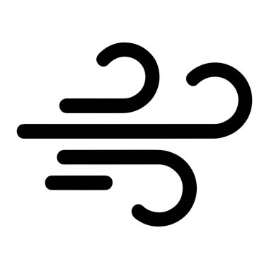 Rüzgarı temsil eden basit bir siyah simge. Merkezdeki en uzun çizgi ve üzerinde ve altında iki kısa çizgi bulunan üç yatay uzunluk çizgisine sahiptir. Çizgiler uçlarda bükülmüş, bu da hareket ve hava akımını gösteriyor. Arka taraf.