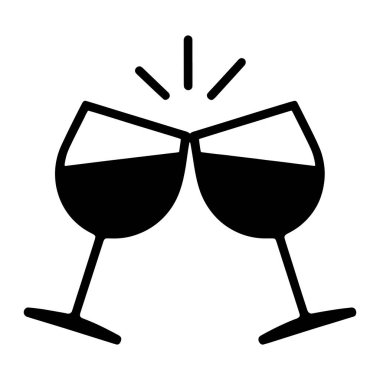 İki siyah şarap kadehi beyaz bir arka planda kutlama şerefine kadeh tokuşturuyor. Bardaklarda koyu bir sıvı var, muhtemelen şarap. Çizgiler temas noktasından yukarıya doğru yayılarak tostun sesini veya heyecanını sembolize eder. İma.