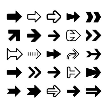 Beyaz arkaplanda siyah olarak gösterilen çeşitli ok simgelerinin bir koleksiyonu. Simgeler, katı oklar, çizilmiş oklar, çift oklar ve noktalı oklar da dahil olmak üzere farklı yönleri ve stilleri temsil eder. Şebeke biçiminde düzenlenmişler.